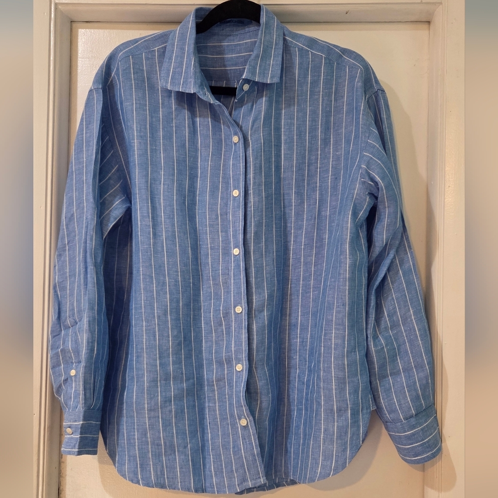 Women's J. McLaughlin Britt Linen Blue With White Pin Stripes Blouse, Size L